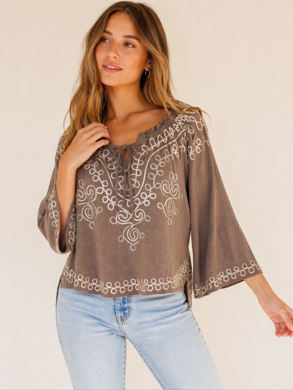 Lauren Michelle Women's Embroidered Brown Top W/bell Sleeve, Size M